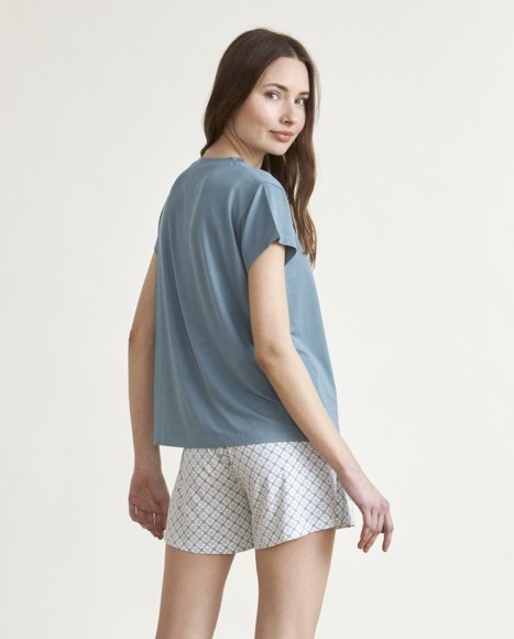 Pijama de mujer punto manga corta combinado en azul Pijama de mujer punto manga corta combinado en azul
