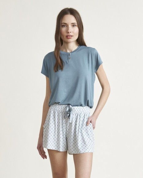 Pijama de mujer punto manga corta combinado en azul Pijama de mujer punto manga corta combinado en azul