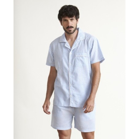 Pijama de hombre lino en azul a rayas Pijama de hombre lino en azul a rayas
