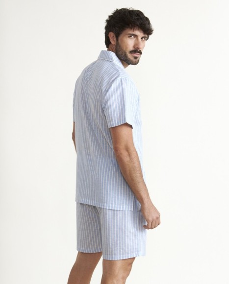 Pijama de hombre lino en azul a rayas Pijama de hombre lino en azul a rayas
