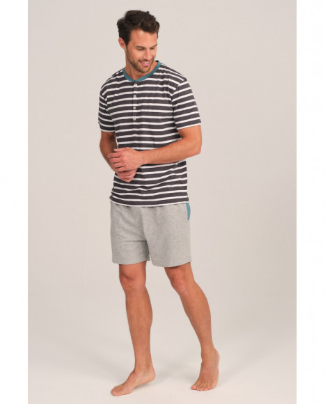 Pijama hombre gris con rayas y cuello azul