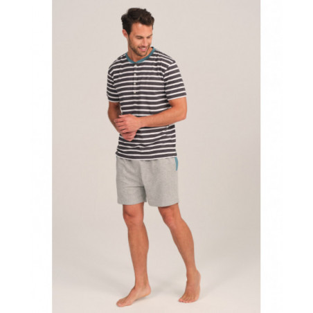 Pijama hombre gris con rayas y cuello azul Pijama hombre gris con rayas y cuello azul