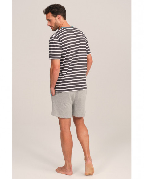 Pijama hombre gris con rayas y cuello azul Pijama hombre gris con rayas y cuello azul