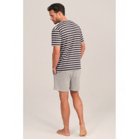 Pijama hombre gris con rayas y cuello azul Pijama hombre gris con rayas y cuello azul