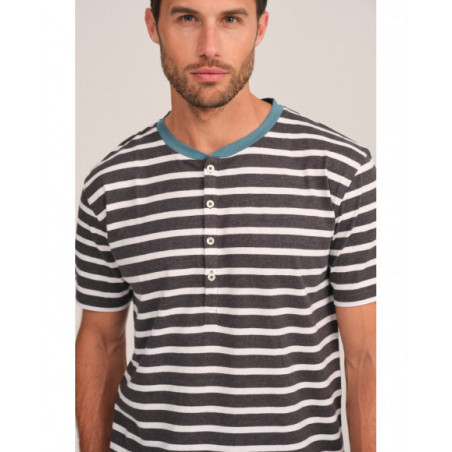 Pijama hombre gris con rayas y cuello azul Pijama hombre gris con rayas y cuello azul