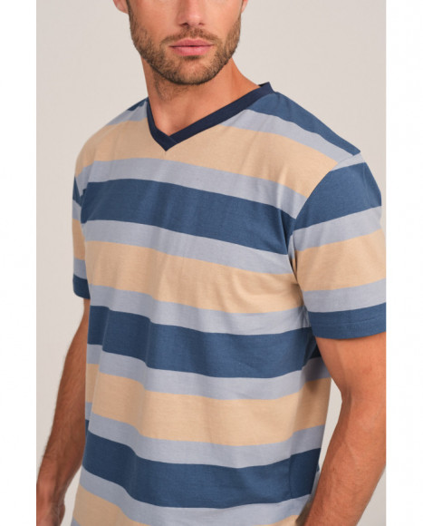 Pijama hombre azul con rayas y cuello en V Pijama hombre azul con rayas y cuello en V