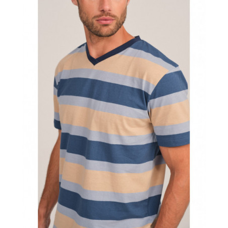 Pijama hombre azul con rayas y cuello en V Pijama hombre azul con rayas y cuello en V