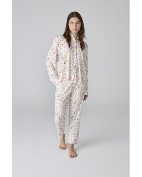 Pijama largo de mujer en blanco con estampado floral multicolor Pijama largo de mujer en blanco con estampado floral multicolor