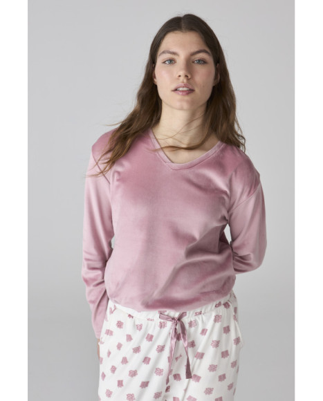 Pijama de mujer con pantalón estampado y camiseta de terciopelo suave Pijama de mujer con pantalón estampado y camiseta de terciopelo suave