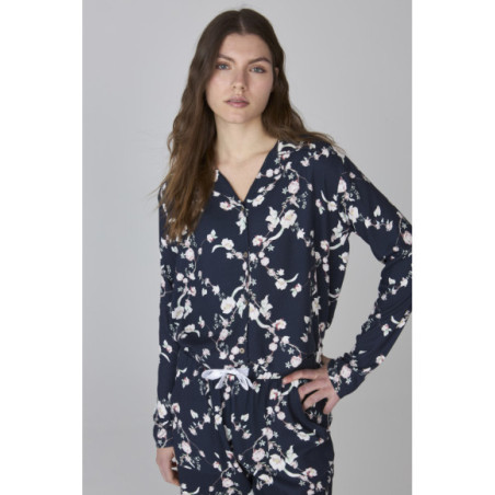 Pijama de mujer largo en azul marino con estampado floral Pijama de mujer largo en azul marino con estampado floral