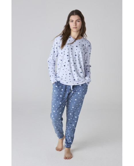 Conjunto de pijama de mujer en azul con estampado de estrellas Conjunto de pijama de mujer en azul con estampado de estrellas
