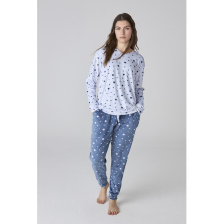Conjunto de pijama de mujer en azul con estampado de estrellas Conjunto de pijama de mujer en azul con estampado de estrellas