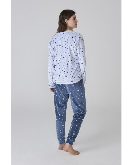 Conjunto de pijama de mujer en azul con estampado de estrellas Conjunto de pijama de mujer en azul con estampado de estrellas