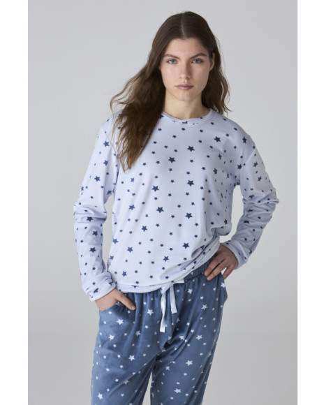 Conjunto de pijama de mujer en azul con estampado de estrellas Conjunto de pijama de mujer en azul con estampado de estrellas