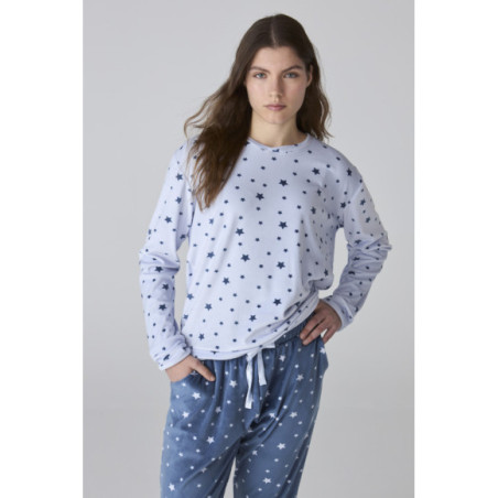 Conjunto de pijama de mujer en azul con estampado de estrellas Conjunto de pijama de mujer en azul con estampado de estrellas