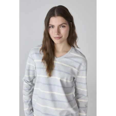 Pijama de mujer con rayas en tonos grises y azul claro Pijama de mujer con rayas en tonos grises y azul claro