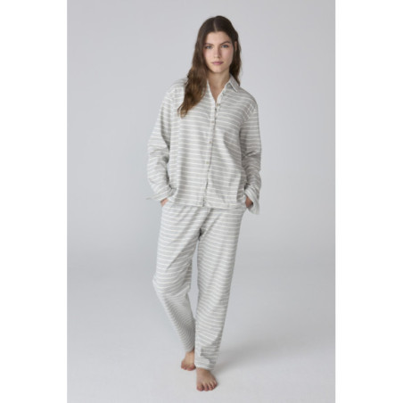 Conjunto de pijama para mujer en franela gris a rayas Conjunto de pijama para mujer en franela gris a rayas