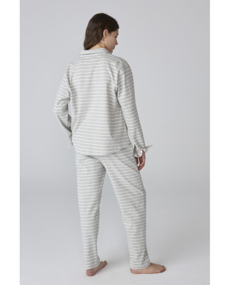 Conjunto de pijama para mujer en franela gris a rayas Conjunto de pijama para mujer en franela gris a rayas