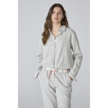 Conjunto de pijama para mujer en franela gris a rayas Conjunto de pijama para mujer en franela gris a rayas