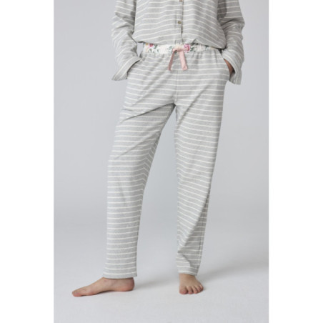 Conjunto de pijama para mujer en franela gris a rayas Conjunto de pijama para mujer en franela gris a rayas