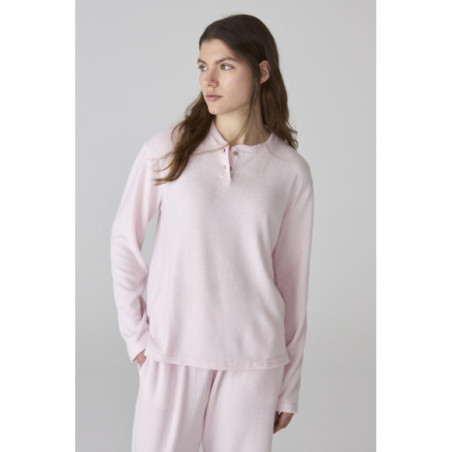 Pijama para mujer de felpa rosa claro y cuello henley Pijama para mujer de felpa rosa claro y cuello henley