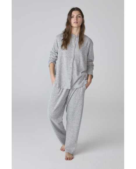 Pijama para mujer gris jaspeado de manga larga y pantalón recto