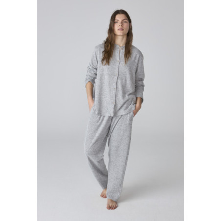 Pijama para mujer gris jaspeado de manga larga y pantalón recto Pijama para mujer gris jaspeado de manga larga y pantalón recto