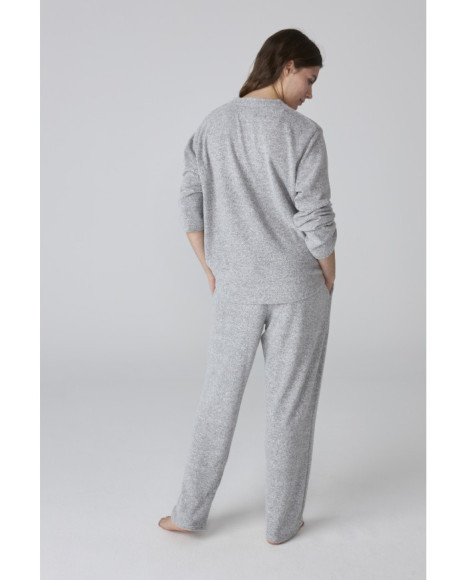 Pijama para mujer gris jaspeado de manga larga y pantalón recto Pijama para mujer gris jaspeado de manga larga y pantalón recto