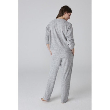 Pijama para mujer gris jaspeado de manga larga y pantalón recto Pijama para mujer gris jaspeado de manga larga y pantalón recto