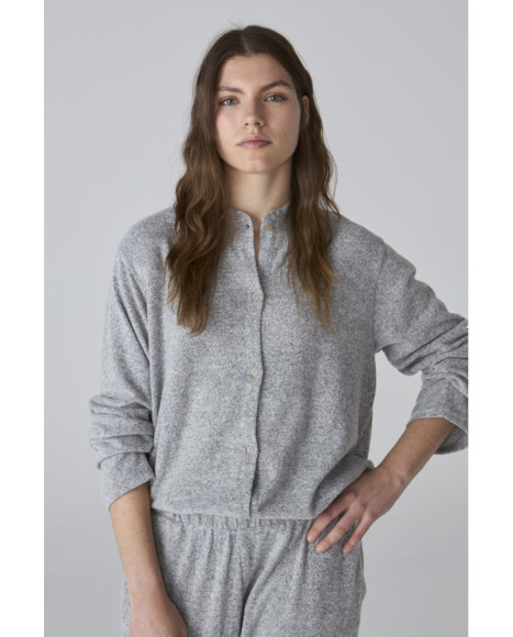 Pijama para mujer gris jaspeado de manga larga y pantalón recto Pijama para mujer gris jaspeado de manga larga y pantalón recto