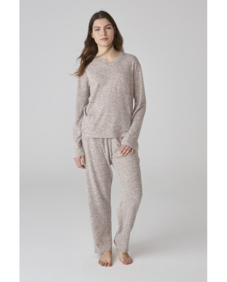 Conjunto de pijama para mujer beige jaspeado con camiseta de manga larga