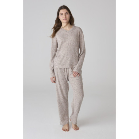 Conjunto de pijama para mujer beige jaspeado con camiseta de manga larga Conjunto de pijama para mujer beige jaspeado con camiseta de manga larga
