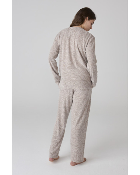 Conjunto de pijama para mujer beige jaspeado con camiseta de manga larga Conjunto de pijama para mujer beige jaspeado con camiseta de manga larga