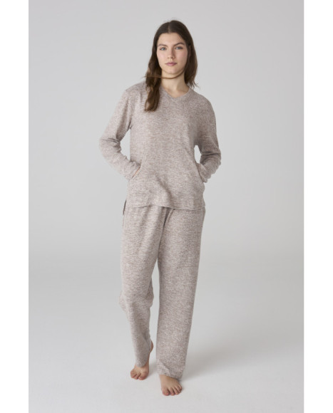 Conjunto de pijama para mujer beige jaspeado con camiseta de manga larga Conjunto de pijama para mujer beige jaspeado con camiseta de manga larga