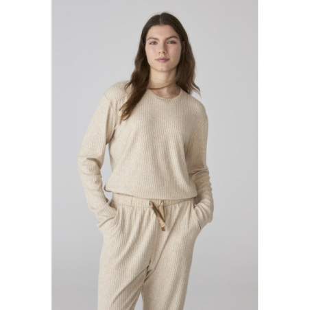 Pijama largo de mujer en beige de punto canalé con pantalón largo Pijama largo de mujer en beige de punto canalé con pantalón largo