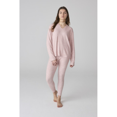 Pijama para mujer en rosa de canalé con jersey de pico y leggings Pijama para mujer en rosa de canalé con jersey de pico y leggings