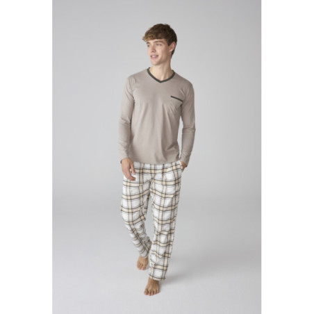 Pijama largo para hombre con camiseta taupe y pantalón a cuadros Pijama largo para hombre con camiseta taupe y pantalón a cuadros