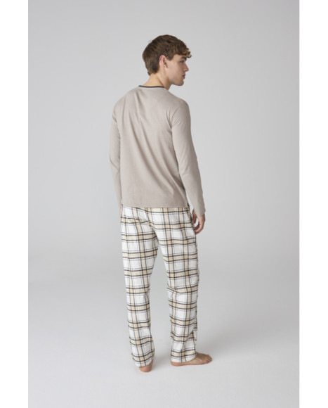 Pijama largo para hombre con camiseta taupe y pantalón a cuadros Pijama largo para hombre con camiseta taupe y pantalón a cuadros