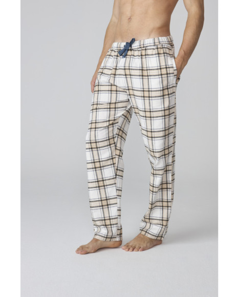 Pijama largo para hombre con camiseta taupe y pantalón a cuadros Pijama largo para hombre con camiseta taupe y pantalón a cuadros