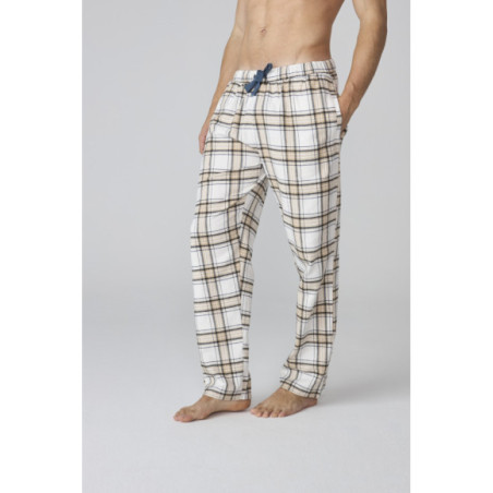Pijama largo para hombre con camiseta taupe y pantalón a cuadros Pijama largo para hombre con camiseta taupe y pantalón a cuadros