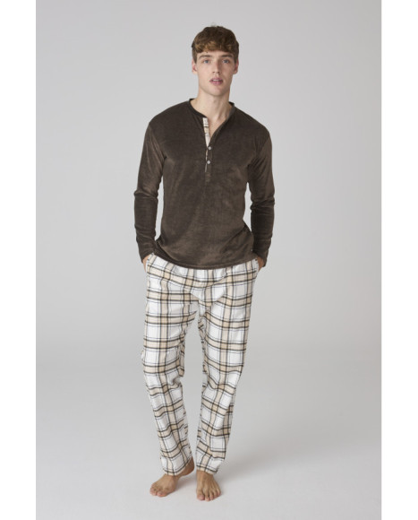 Conjunto de pijama para hombre en marrón y pantalón a cuadros Conjunto de pijama para hombre en marrón y pantalón a cuadros