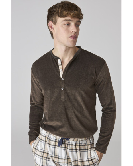 Conjunto de pijama para hombre en marrón y pantalón a cuadros Conjunto de pijama para hombre en marrón y pantalón a cuadros