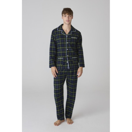 Pijama para hombre de franela con estampado de cuadros y bolsillos Pijama para hombre de franela con estampado de cuadros y bolsillos