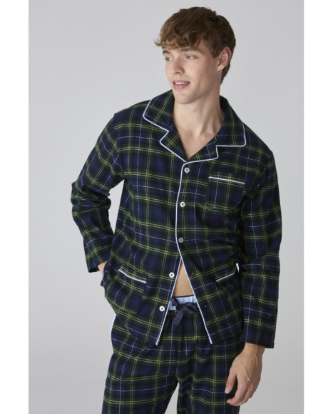Pijama para hombre de franela con estampado de cuadros y bolsillos Pijama para hombre de franela con estampado de cuadros y bolsillos
