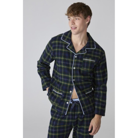 Pijama para hombre de franela con estampado de cuadros y bolsillos Pijama para hombre de franela con estampado de cuadros y bolsillos