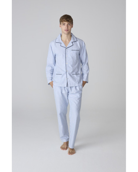 Conjunto de pijama para hombre azul a rayas con camiseta abotonada Conjunto de pijama para hombre azul a rayas con camiseta abotonada
