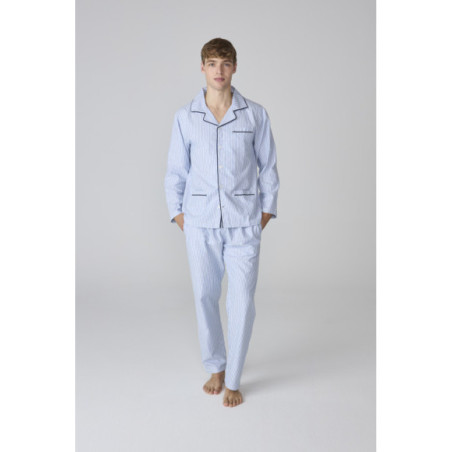 Conjunto de pijama para hombre azul a rayas con camiseta abotonada Conjunto de pijama para hombre azul a rayas con camiseta abotonada