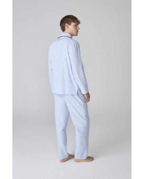 Conjunto de pijama para hombre azul a rayas con camiseta abotonada Conjunto de pijama para hombre azul a rayas con camiseta abotonada