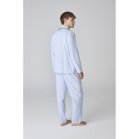 Conjunto de pijama para hombre azul a rayas con camiseta abotonada Conjunto de pijama para hombre azul a rayas con camiseta abotonada