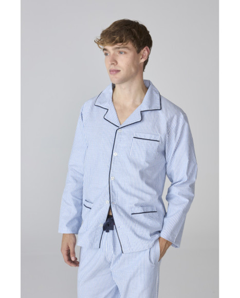 Conjunto de pijama para hombre azul a rayas con camiseta abotonada Conjunto de pijama para hombre azul a rayas con camiseta abotonada